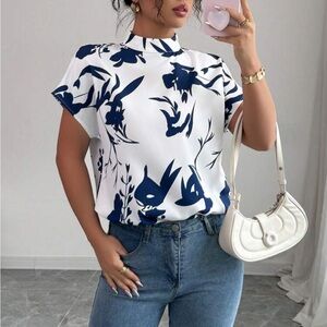 Women's White and Navy Floral Mock-Neck Top